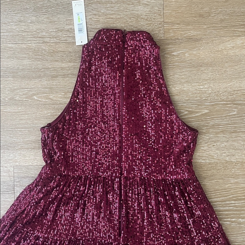 Eliza J Sequin Wine Halter Tiered Mock Neck Mini Dress size 4 - Picture 9 of 12